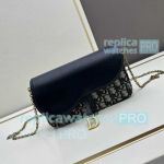 Replica Di0r Medium Saddle Pouch with Chain Black and Beige Jacquard 